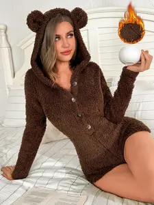 1pc Women's Thermal-Lined Jumpsuit Pajamas, Brown Teddy Bear Flannel Fuzzy With Half-Open Front, Long Sleeve Hooded Jumpsuit With 3D Ear Design, Comfortable Sexy Elegant Casual Loungewear