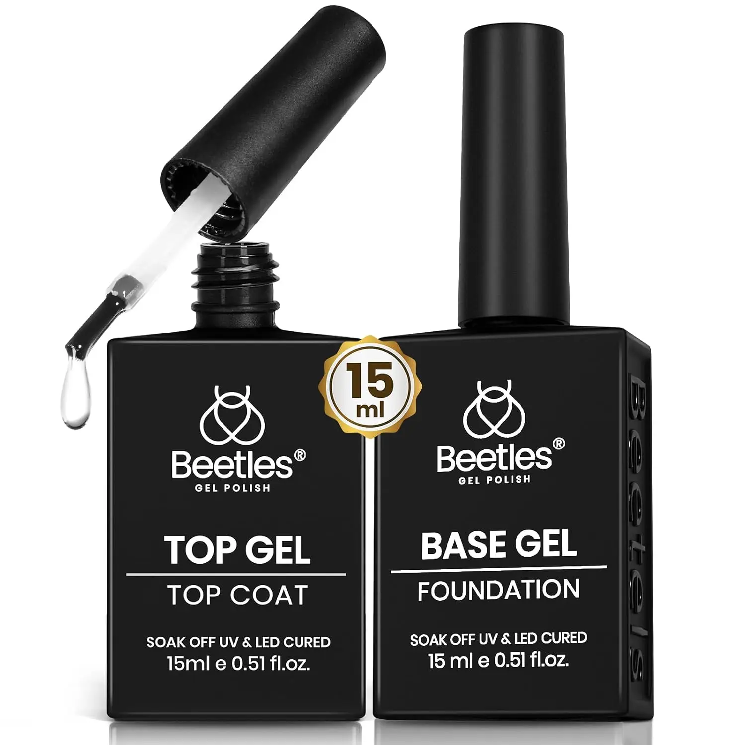 beetles Gel Polish No Wipe Top Coat and Base Coat Set for Gel Manicure, Long-Lasting Soak-Off Formula with Self-Leveling Brush for Salon-Level Protection, 2 Piece 15ml Beauty Products, Nail Care, 2 Piece Sets, Self-Leveling Brush Base, Scratch Prevention