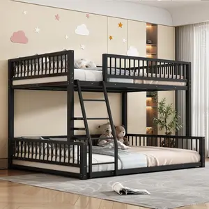 Twin XL/ Full XL Over Queen Metal Bunk Bed, Space-Saving Floor Bed Frame with Ladder & Safety Guardrails Easy Assembly, Ideal for Small Rooms (Black)