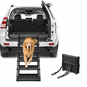 Dog Stairs for Car - Foldable Dog Ramps for Dogs with Non Slip Surface, Portable Pet Stairs for Cars and SUV, Truck, Sofas, Bed Support Up to 300 lbs (5 Steps)