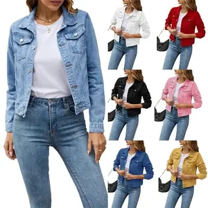2025 Women's Short Denim Jackets Fashion Female Casual Long Sleeve Lapel Solid Button Pocket Slim Jean Jacket Fall Winter Coat