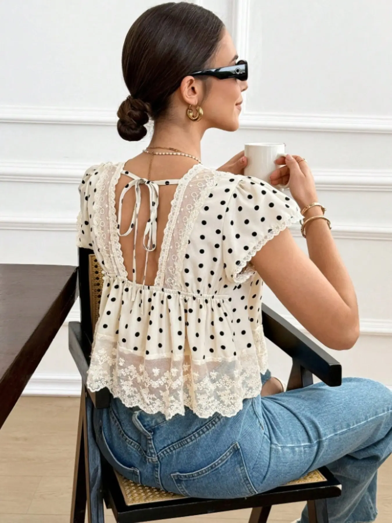 Women's Polka Dot Lace Backless Top, French Romantic Feminine Casual Summer Blouse Shirt, Puff Sleeve, Perfect for Dates and Beachwear