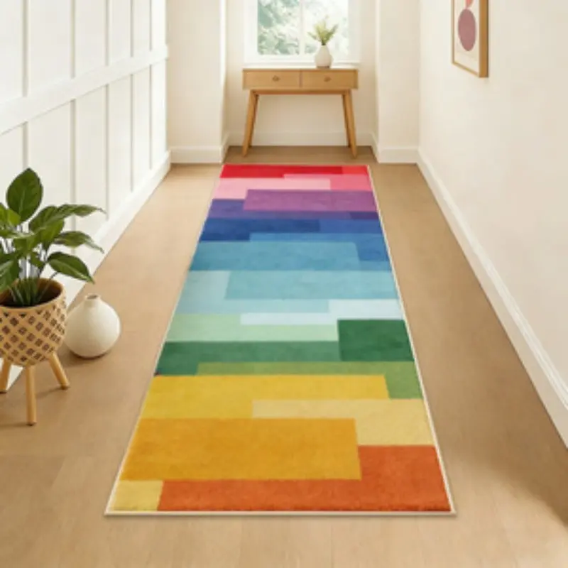 Rainbow Gradient Geometric Runner Rug  Ideal for Hallways and Balconies  Washable & Machine-Friendly  Modern Geometric Rug "Dopamine" Color Palette Suitable for Living Rooms, Bedrooms, Bathrooms, Walk-in Closets, and Lounges Geometric Design Rug