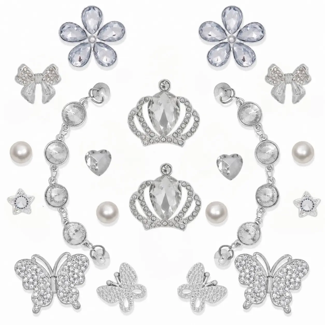 Women's 22-Pc Elegant Silver Plastic Alloy Charm Set - Butterfly, Flower, Pearl, Rhinestone Accents Clog Accessories - Bling DIY Decor for Clogs, Sandals - Small Parts Party Birthday Gift, Footwear
