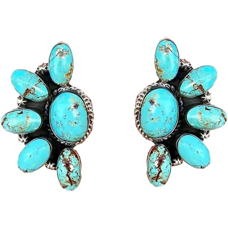 Western Earrings Boho Turquoise Oval Drop Dangle Earrings for Women Beaded Western Flower Teardrop Earrings Vintage Ethnic Alloy Pendant Jewelry Gift