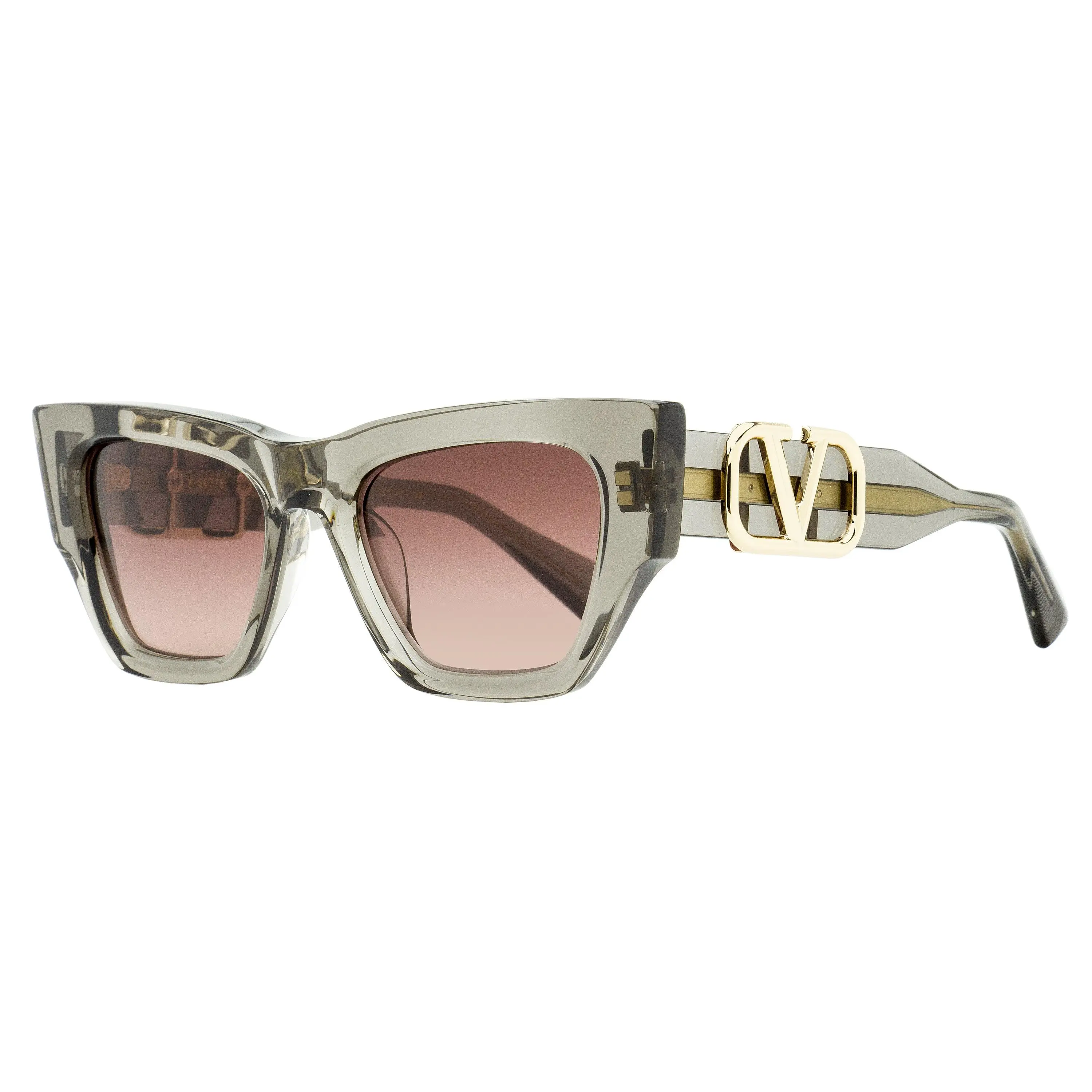 Valentino V-Sette Statement Frame Sunglasses, VLS-166 C, Transparent Gray, 52mm, with Gold V Plaque, Statement Frame Glasses, Acetate, Bold Look, Gold‑V Logo Mark