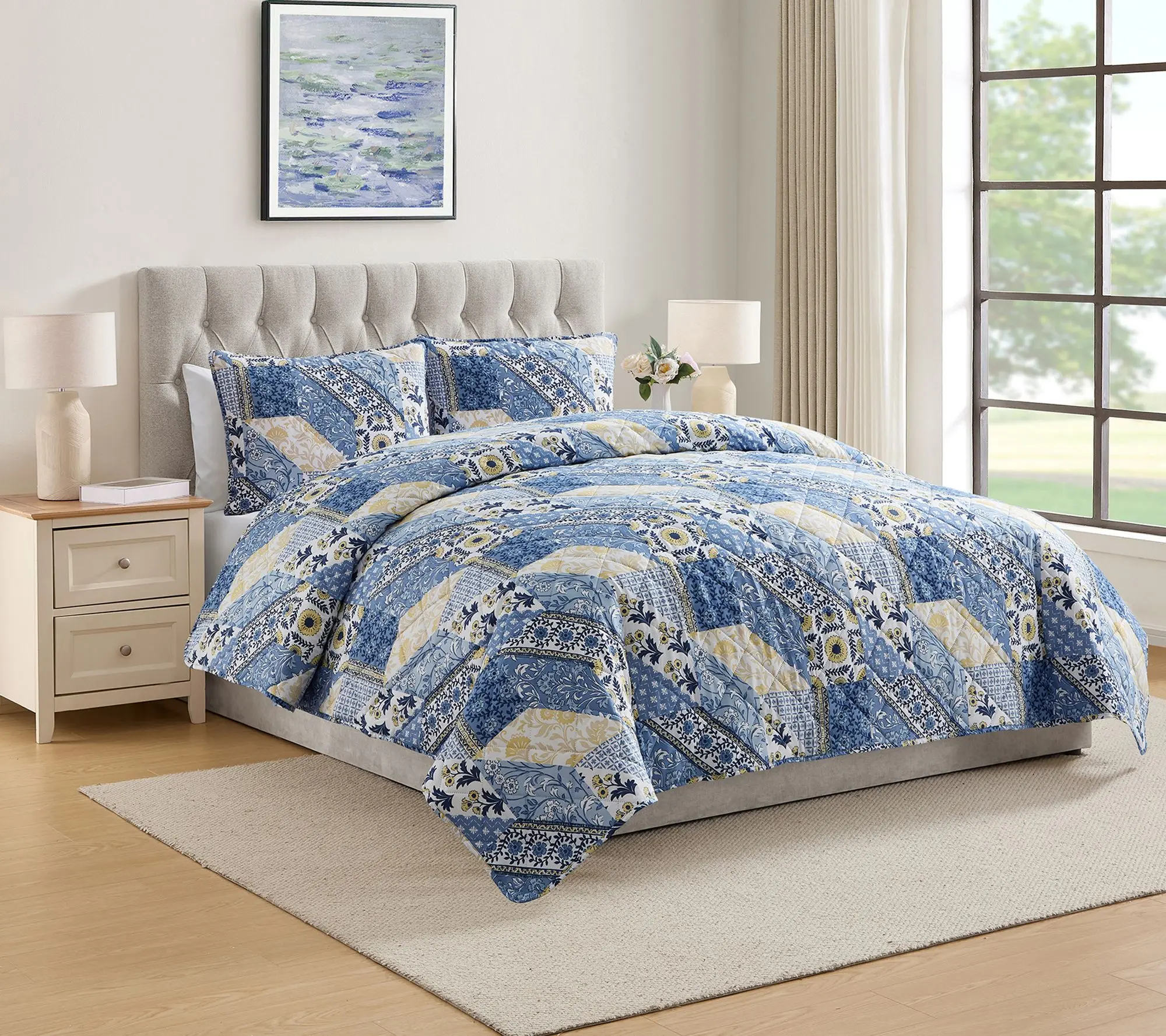 VCNY Home Joel Blue/Yellow 3-Piece Patchwork Quilt Set, King