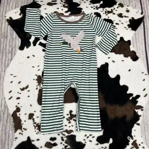 LR0963-BABY BOY EMBROIDEY MALLARD DUCKS STRIPE LONG SLEEVE ROMPER
