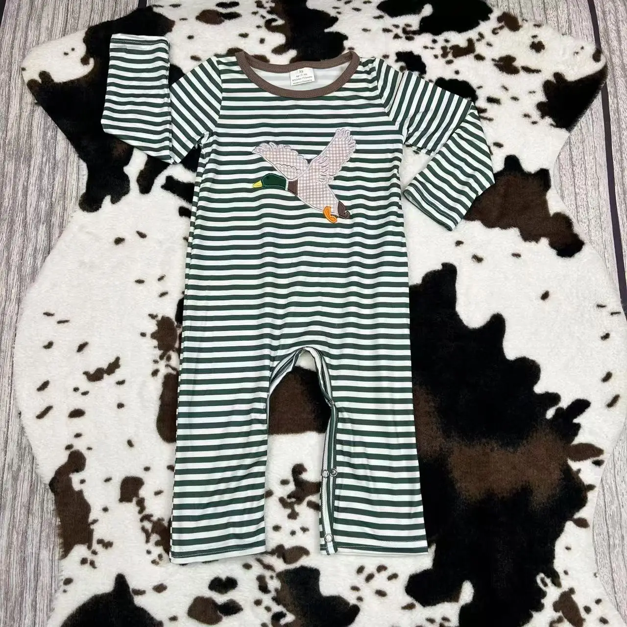 LR0963-BABY BOY EMBROIDEY MALLARD DUCKS STRIPE LONG SLEEVE ROMPER