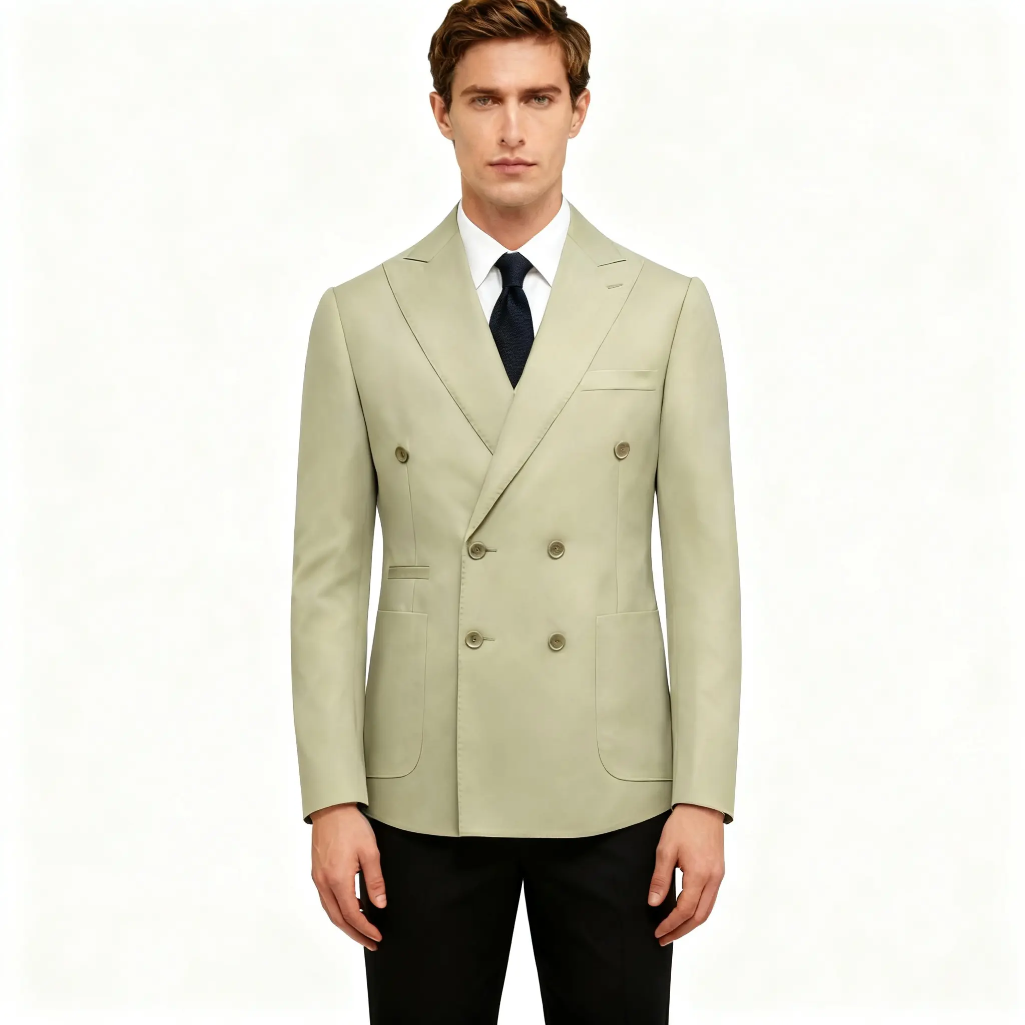 Men's Matcha Green Double-Breasted Slim-Fit Long Sleeve Plain V-Neck Menswear Blazer - Fashion Apparel, Luxury Bedazzled Business Jacket for Business Casual, Date Nights