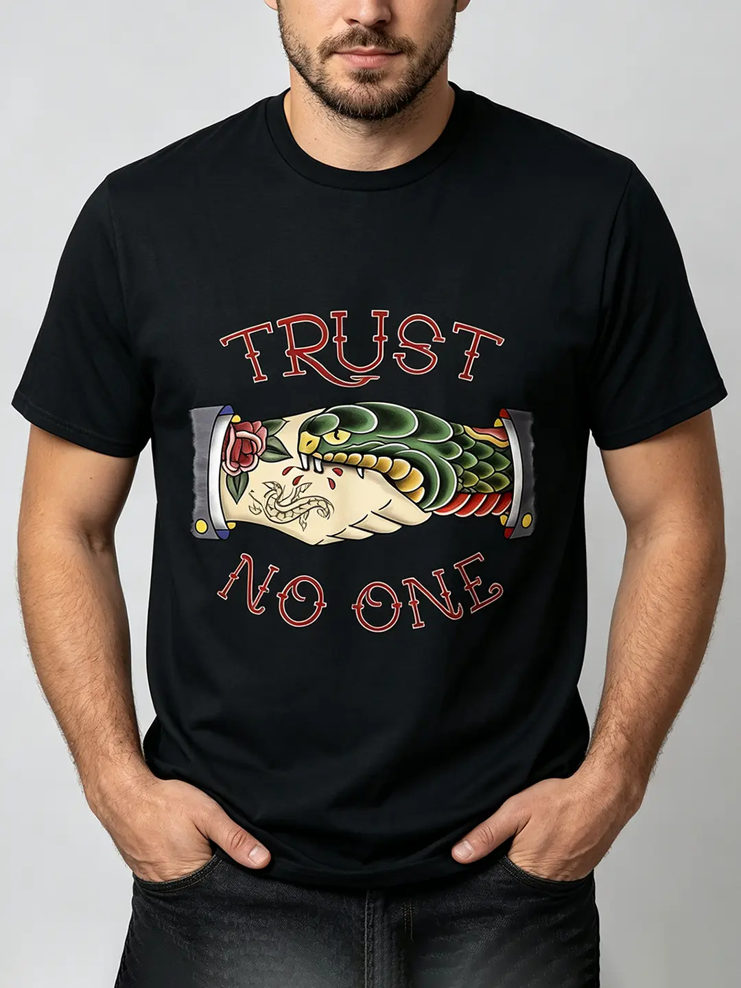 Men's Short-Sleeve Flash Casual Alternative T-Shirt - Trust No 1 Snake Handshake Graphic, Vintage American Traditional Tattoo Streetwear Tee