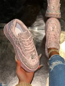 Street Style Sneakers, Trainer, Full Rhinestone Embroidery + Colorblock Sole, Casual Textile Upper, Less Than Ankle Height, All Seasons