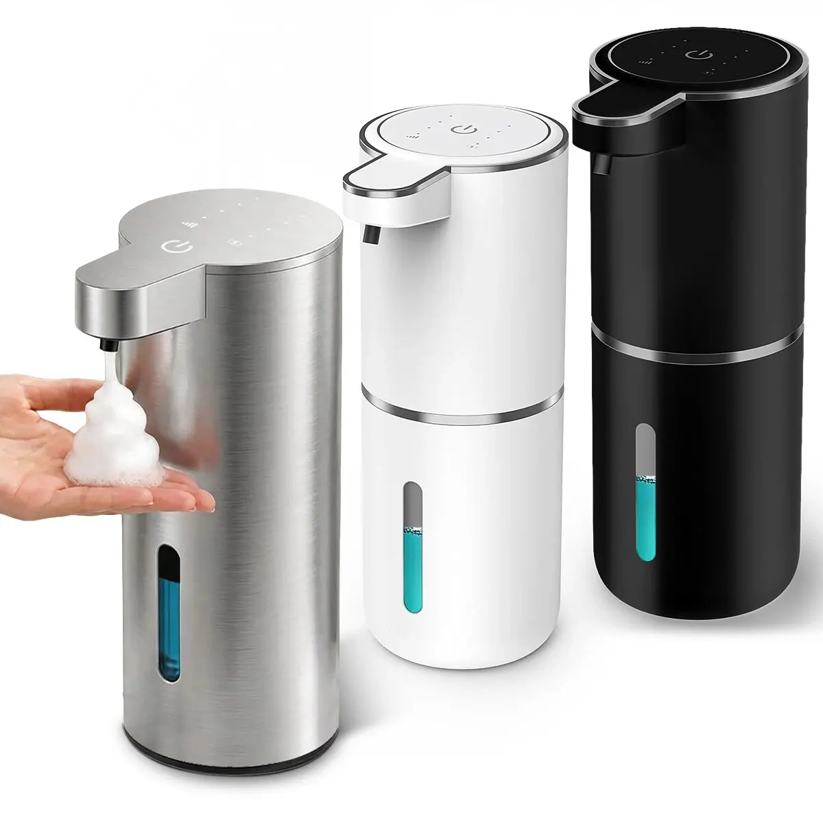 Automatic Sensor Foam Soap Dispenser, USB rechargeable, wall-mountable design; features 4 adjustable foam levels; suitable for bathrooms and kitchens (compatible with dish soap); leak-proof design; stainless steel, white and back available, Perfect Transp