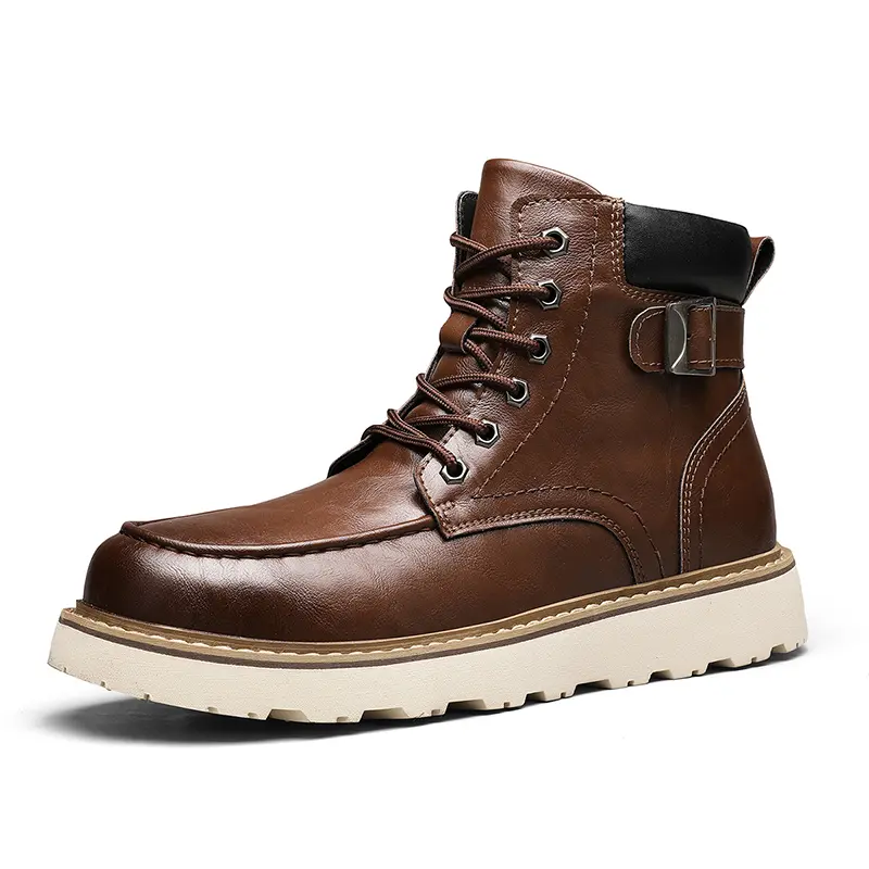Men's Brown Classic Work Boots Leather Upper with Belt Buckle Brown Lace Up Ankle High Design Non Slip Rubber Sole for Hiking & Daily Casual Steel Toe Footwear Boy Memory Foam Like Comfort Cushioning Adjustable Straps for Comfort Fit Durable Waterproof