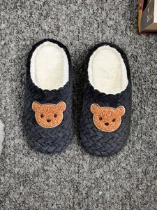 Women's Cute Bear Embroidery Design Plush Slippers, Casual Soft Comfortable Home Slippers, Silent Anti-slip Slippers for Indoor & Outdoor Wear, Girl, Soft Sole Slippers