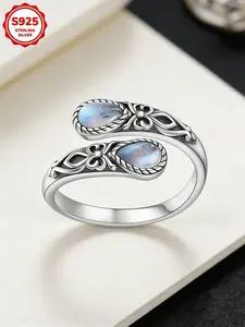 Vintage Bohemian 925 Sterling Silver Women's Moonstone Ring, Fashionable Unique Design Open Spoon Shape, Daily Wear Jewelry Gift