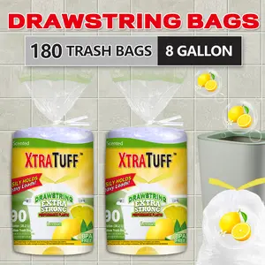 Lemon 8-Gal Plastic Trash Bags, 2 Packs (180 Total Pcs, 8-Gal 2 Bags of 180 Pieces) Expandable Drawstring, Multifunctional Disposable Home Care Supplies, Lemon Aroma, Strong, Leakproof, Odor-Proof, Sanitary for Toilet, Indoor/Outdoor Waste Solution, 8 Gal
