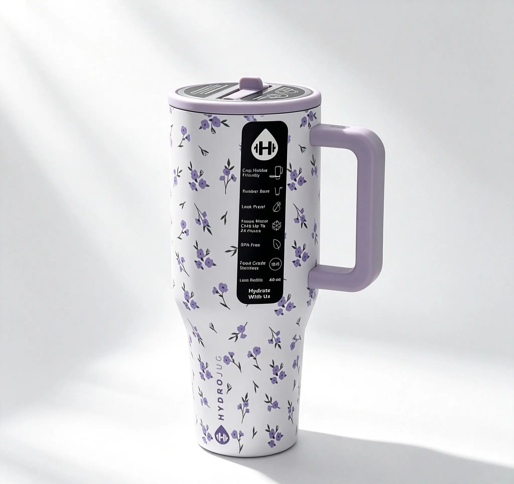 HydroJug 40oz Pastel Purple Tiny Floral Print Stainless Steel Tumbler, Wide Comfort Grip Handle,  Cup Holder Friendly Design, Rubber Base, Leak-Proof, Keeps Cold Drinks Ice Cold For Up To 24 Hours,  Portable Water Bottle For Car, Camping, Office