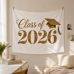 1 PC 2D Flat Banner Backdrop "Class of 2026" Gold Glitter Graduation Cap and Tassel Design Photography Background for Graduation Party Decor