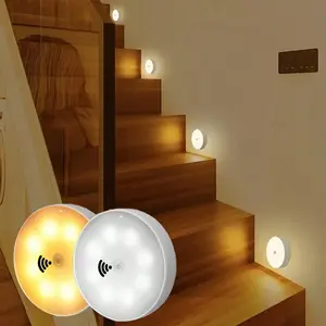 Wireless 8 LED Round Night Light, 3 Counts USB Rechargeable Motion Sensor Wall Light, Decorative Light for Wall, Staircase, Hallway, Home Decor, Nightlight for Bedroom