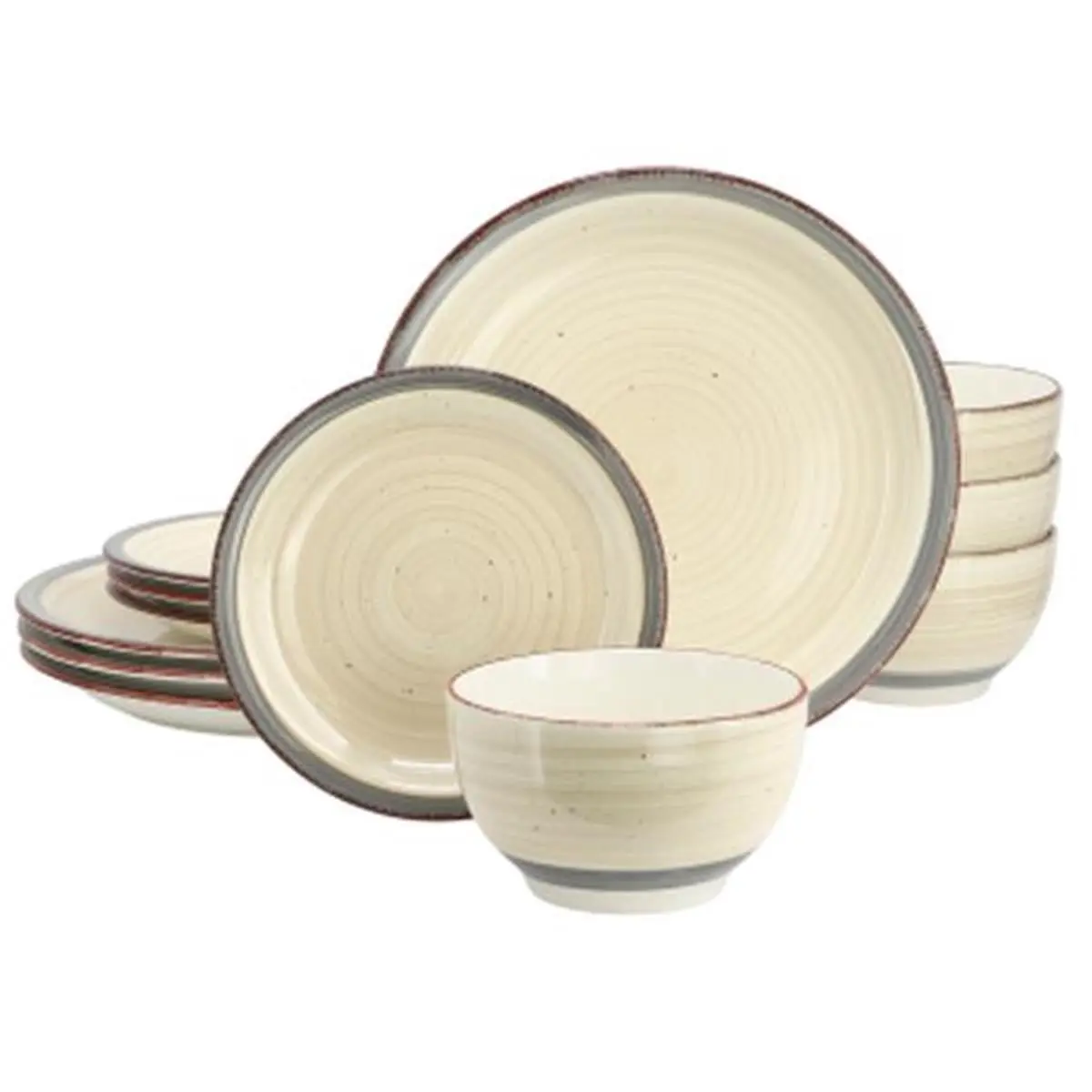 212 MAIN Holcomb Ceramic Dinnerware Service Set - Beige 12-Piece Rustic Tableware with Speckled Rim, Ideal for Family Meals & Entertaining Guests (Dinner Plates, Salad Plates, Bowls Included)