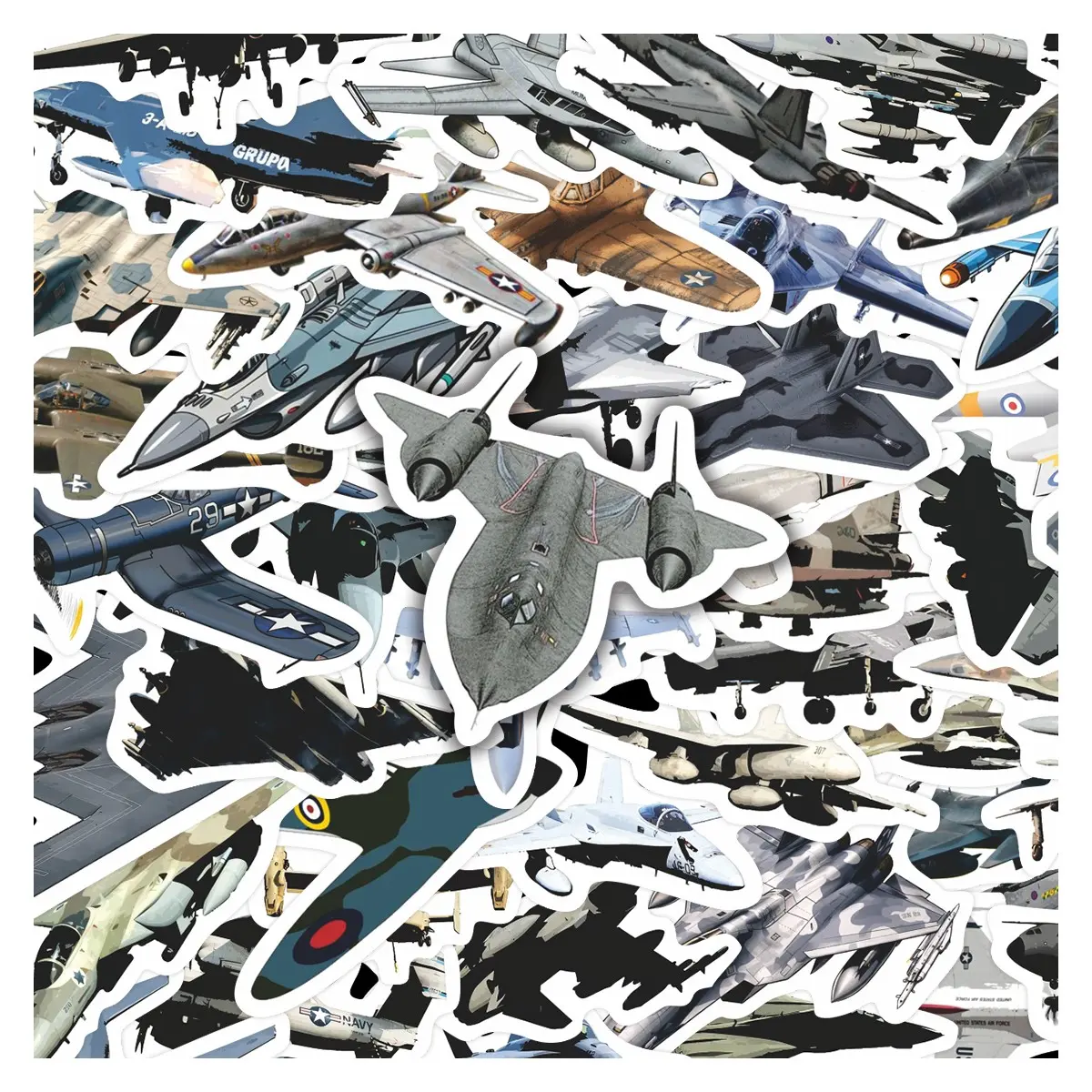 50Pcs Military Fighter Jet Stickers Pack, Waterproof Realistic Aircraft & Aviation Enthusiast Vinyl Decals for Laptop, Water Bottle, Journal & Scrapbook, Pilot Gift Sticker Packs