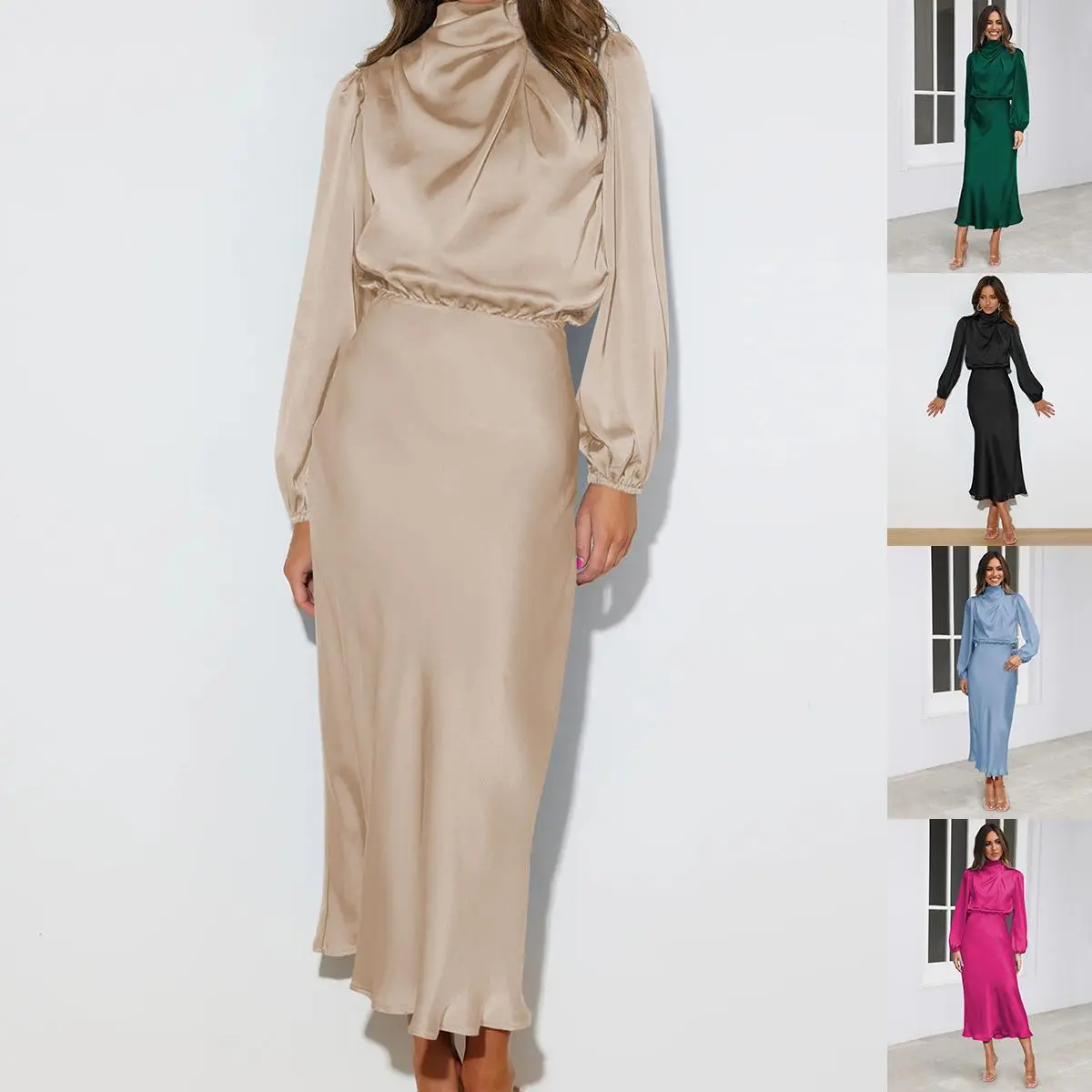 Elegant Temperament Long-sleeved Dress Satin Halterneck Formal Evening Dresses Women Clothing