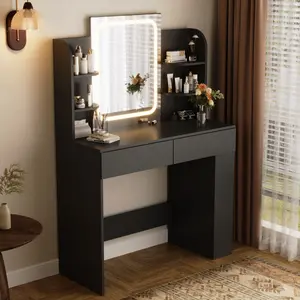 FURMAX Vanity Desk with Mirror and LED Lights, Makeup Vanity Table with 3 Lighting Color, Adjustable Brightness, Vanity Table with 2 Drawers, Side Storage, for Bedroom