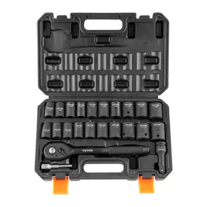 23-Pieces 1/2" Drive 6-Point Cr-V Alloy Steel Impact Socket Set, SAE (7/16"-1") & Metric Measurements, Includes Ratchet Handle & Durable Storage Case, Ideal for Car Maintenance