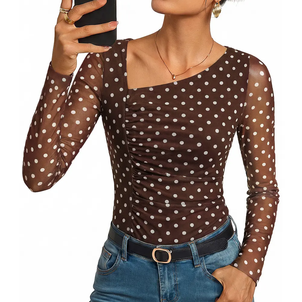 GRACE KARIN Women's Mesh Fabric Blouse - Asymmetrical Neck, Ruched Detail, Long Sleeves, Dressy Casual Boho Top for 2026 Fall Floral Outfits