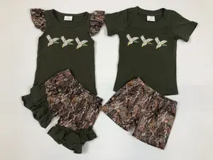 Kids' Cotton Embroidered Fitted 2-Piece Short-Sleeve Casual Set, Hunting Mallards Scenario Summer Clothes for Boys, Trendy Clothes Kids Outfits