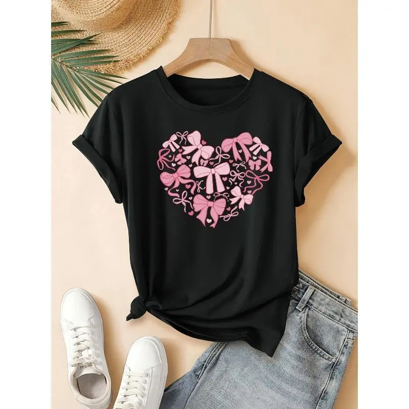 Women's Cute Heart & Slogan Graphic T-shirt in 100% Cotton Fabric, a Lightweight Regular Fit Top with Round Neck for Spring & Summer, Lady, Tshirt, Playful Cute, Funny, Casual