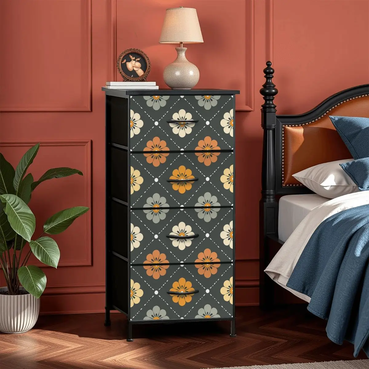 Scandinavian Floral, Mustard Yellow, Gray Mid Century Modern 4-Drawer Dresser