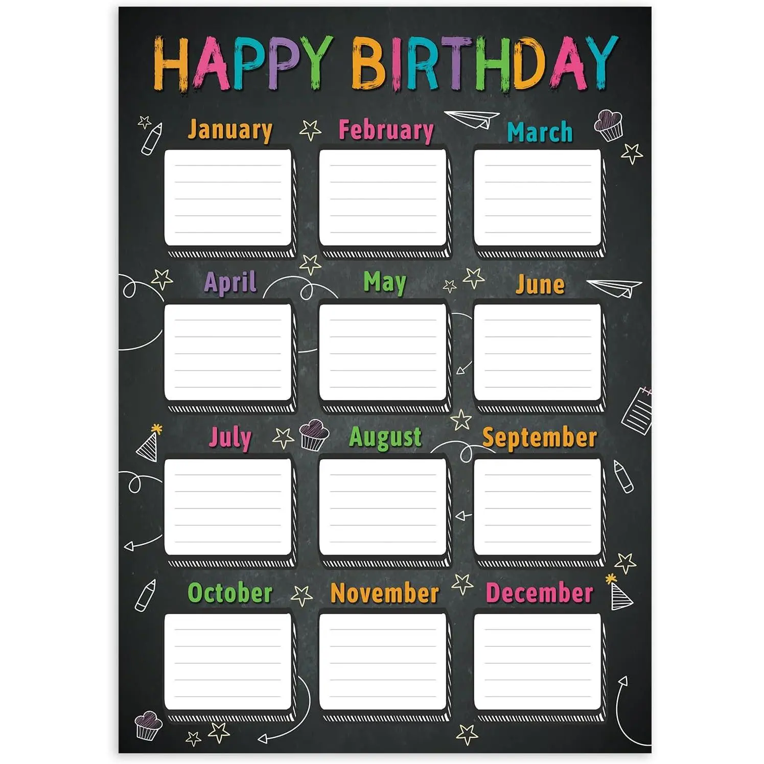 Chalkboard Happy Birthday Chart Poster for Classroom Decorations | Class Birthday Calendar Birthday Posters for Classroom Bulletin Board Decoration Back To School Teacher Supplies