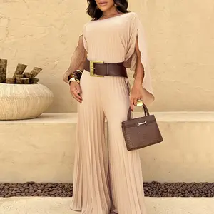ChicMe 2 Pieces Outfit Irregular Hem Slit Sleeve Top and High Waist Wide Leg Wedding Guest Pleated Pants Wedding Set