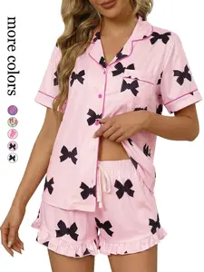 Sweet Butterfly Print Pajama Set, Women's Short Sleeve Cardigan + Shorts Two-Piece Set, Breathable Soft Fabric, Summer Comfortable Home Wear, Loungewear