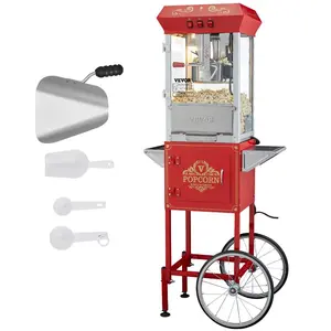 8oz Kettle Popcorn Popper Machine with Cart, 850W High Yield, 48 Cups per Batch, Tempered Glass, Multiple Switches, 4 Scoops Included, Red (Summervibes)