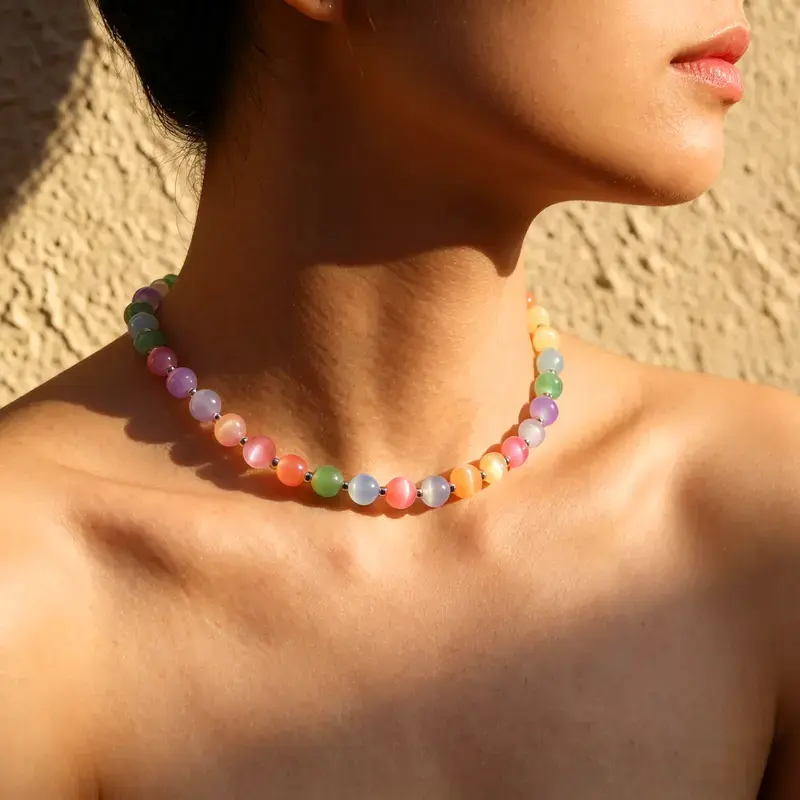 Dopamine Necklace - Rainbow Beaded Choker - UV Reactive Necklace Waterproof - Summer Jewelry Stainless Steel, Stackable