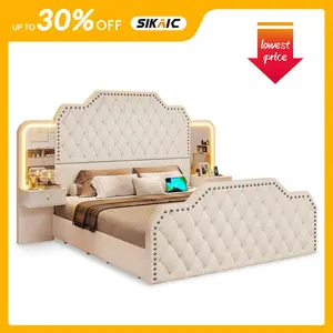 PU Leather Upholstered LED Bed Frame with 2 Nightstands, LED Headboard Footboard, Queen/Full Size Bedframe, Apartment & Bedroom Indoor Furniture, Full Size Bed Modern Platform Bed