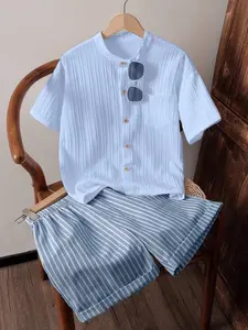 Set Includes 2 Items Boys Casual Striped Textured Stand Collar Shirt and Stripe Shorts Comfortable and Stylish