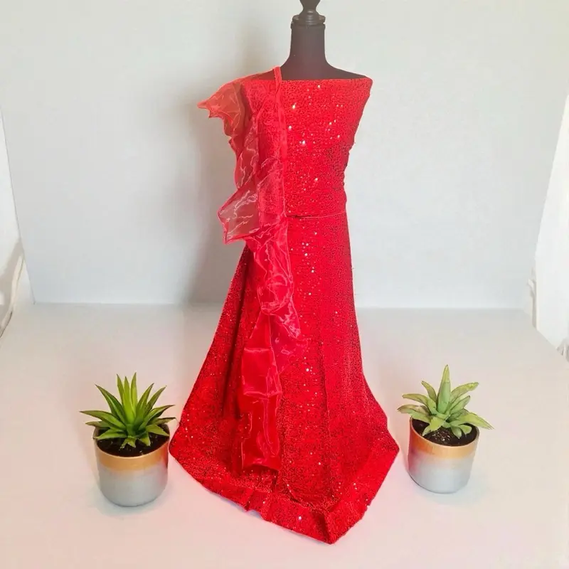 Women's Elegant Red Velvet Sequined Semi-Stitched 3-Piece Lehenga Outfit - Fabric Blouse, Floral Dupatta, Formal Party Wear with Elegance