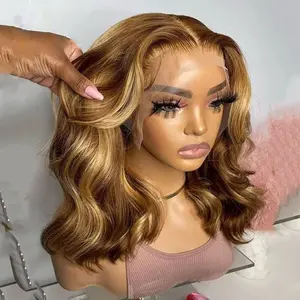 Ombre Highlight Loose Body Wave BOB Lace Front Wigs Human Hair Pre Plucked Wear And Go Glueless Honey Blonde And Brown 13x4 HD Short Curly Frontal BOB Wigs For Black Women 14 Inch 4/27