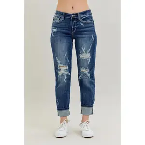 Judy Blue Women's Mid-Rise Boyfriend Jeans, Baggy Destroyed Stretch Cotton Denim with Cuffed Hem for Basic Everyday Wear