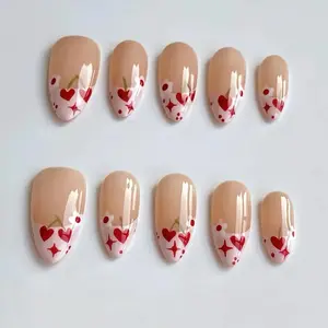Cherry Heart Press On Nails – Nude Pink Almond Shape Cute Glossy Reusable Fake Nails