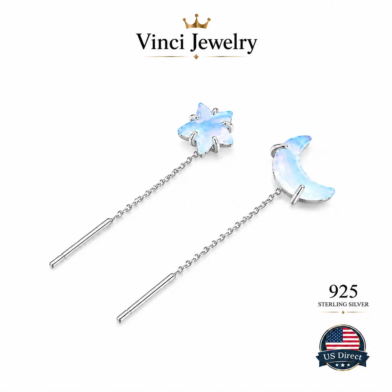 925 sterling silver moon and star opal threader earrings celestial dreamy fairycore boho jewelry with iridescent glow for romantic coquette outfits festival looks everyday wear and meaningful gifts for women teens and girls