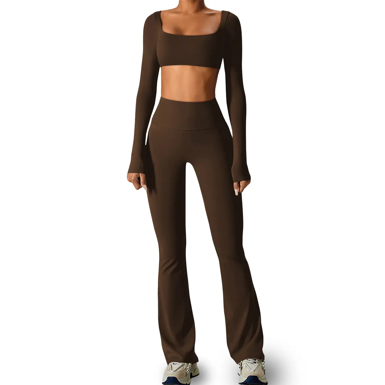 Women's 2-Piece Workout Set, Square Neck Long Sleeve Crop Top & High Waist Micro Flare Leggings, Seamless High Elastic Activewear, Gym Matching Set, Athleisure Gym Clothes, Fitness Outfits, Women's Workout Sets