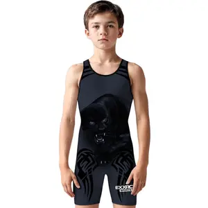 Exxact Sports Sublimated Youth Wrestling Singlet - Premium Powerlifting Singlet for Boys (Black Panther)