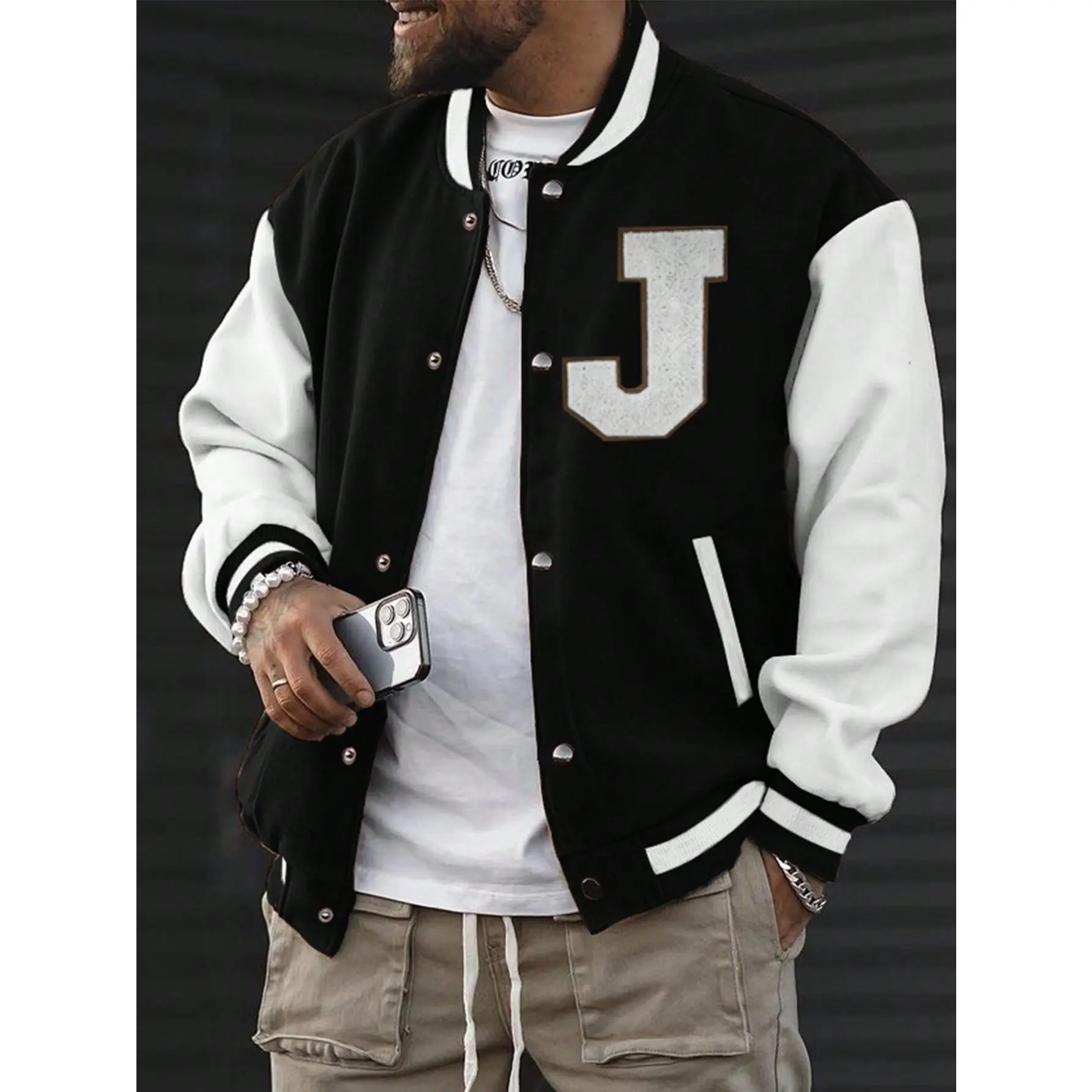 Men's Soft Polyester Stretch Bomber Jacket - Casual, Color Block Letter Print, Long-Sleeve Varsity Baseball Coat, Fabric Clothes for Mensfashion Tops, Button Front, Letter Graphic, Pocketed, Stretch Fit, Suit, Menswear, Button Up, Stretch Fabric