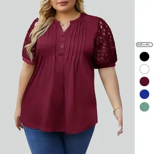 Imily Bela 【L-4XL】Women's Plus Size Henley T Shirt Summer Lace Sleeve Tees Casual Pleated Flowy Tunic Tops
