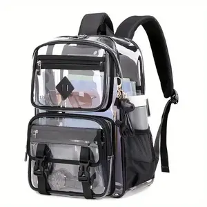 Clear Backpack with Multiple Pockets for School, Travel, and Work � C Stylish and Durable Organizer with Front Zipper Compartments, Mesh Side Pockets, and Trendy Keychain Charm Transparent Pink